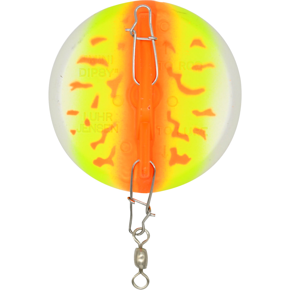 Fishing lure with a bright orange and yellow pattern on a white background - Forza Sports