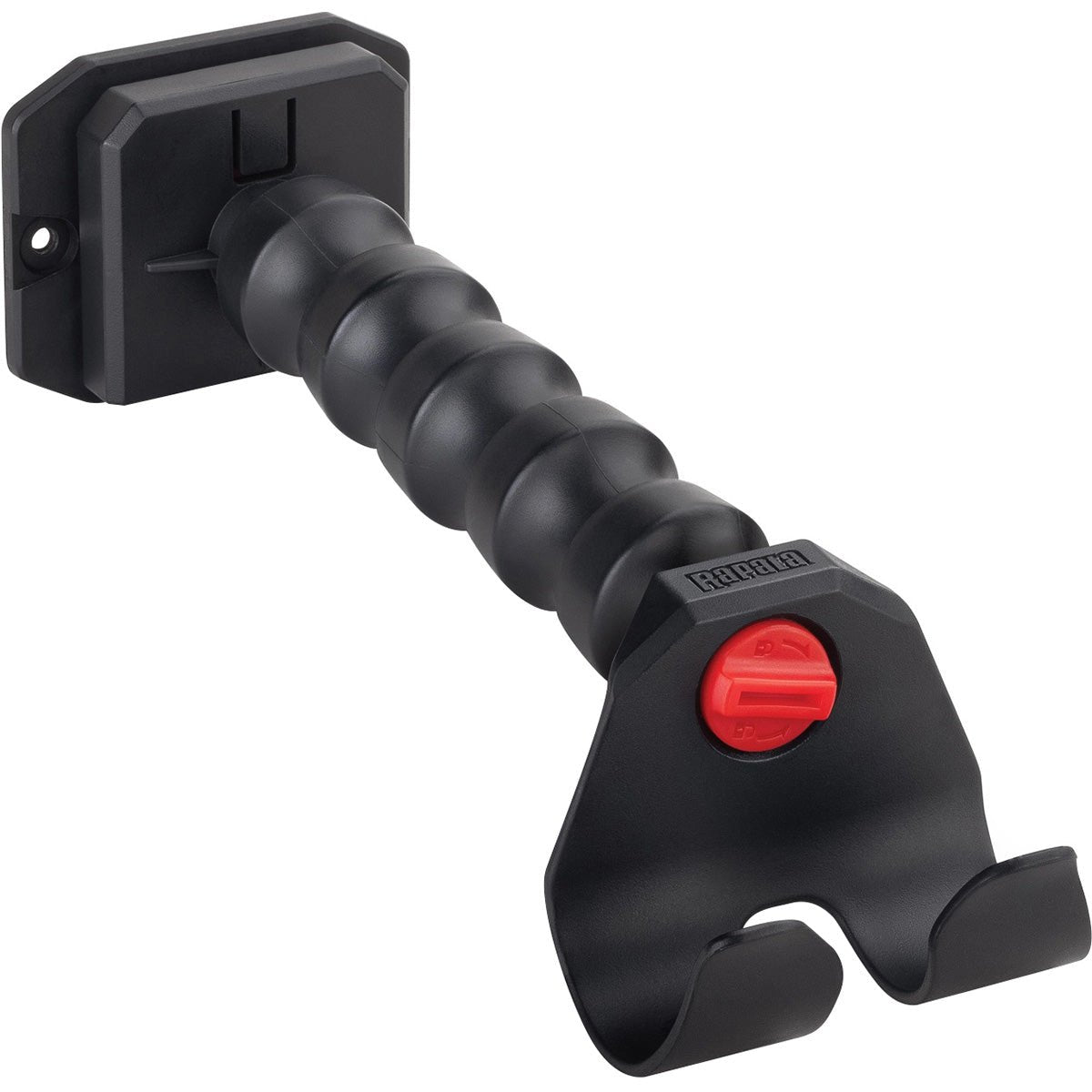 Black wall-mounted smarthub rod holder holder with a red button on a white background
