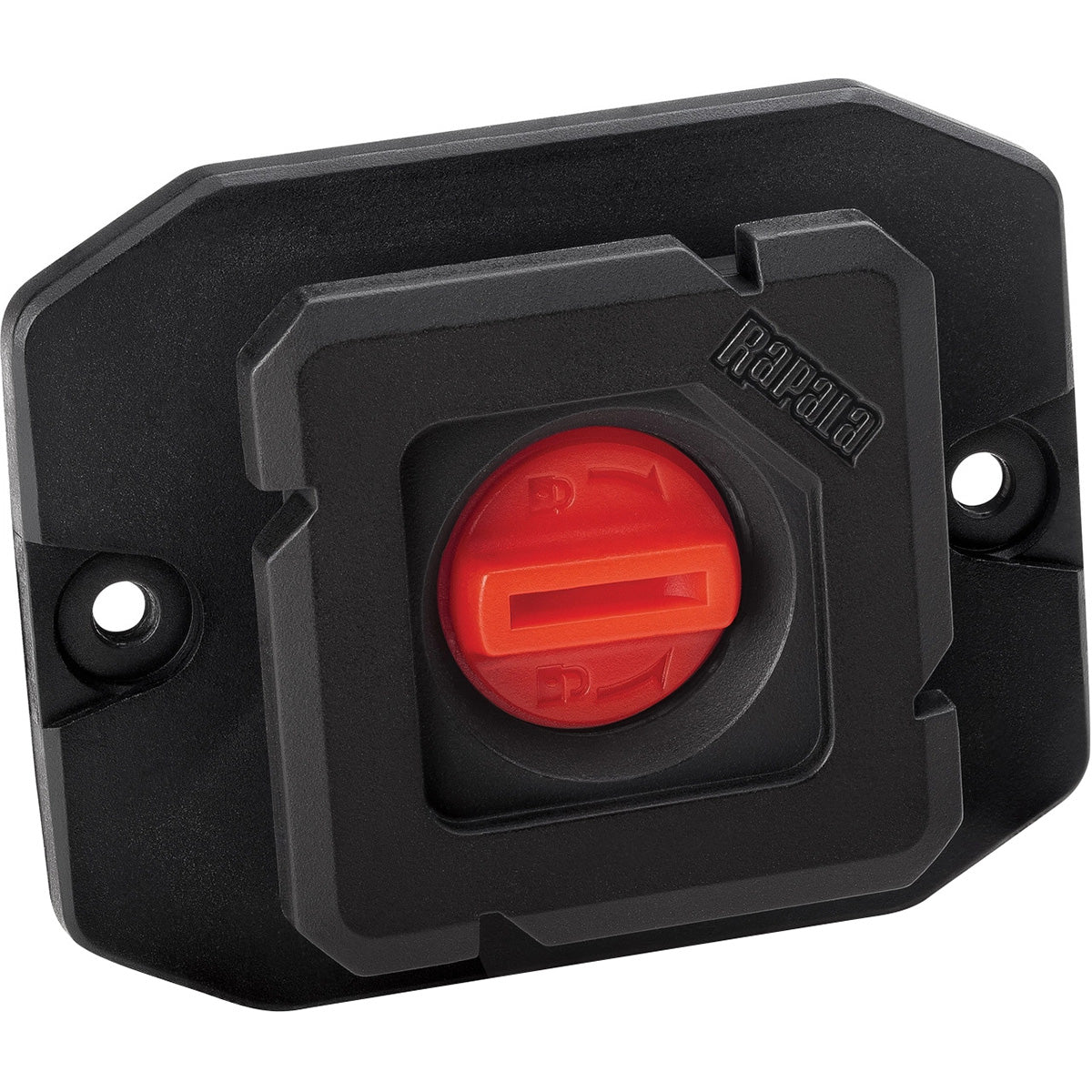 Black wall-mounted smarthub rod holder holder with a red button on a white background