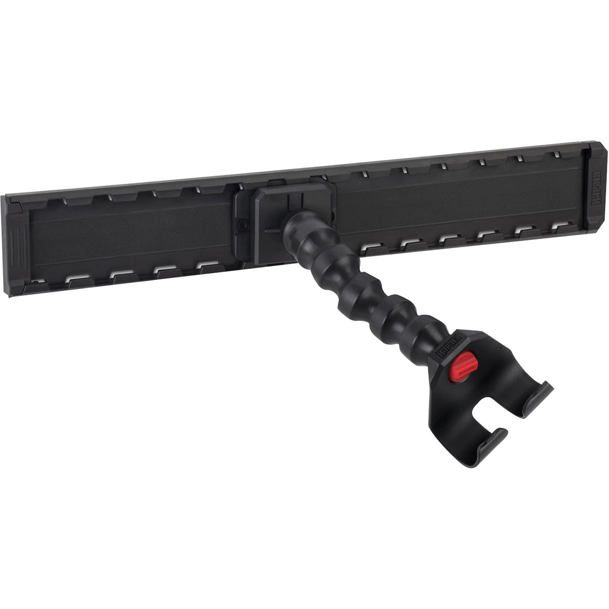 Black wall-mounted smarthub rod holder holder with a red button on a white background