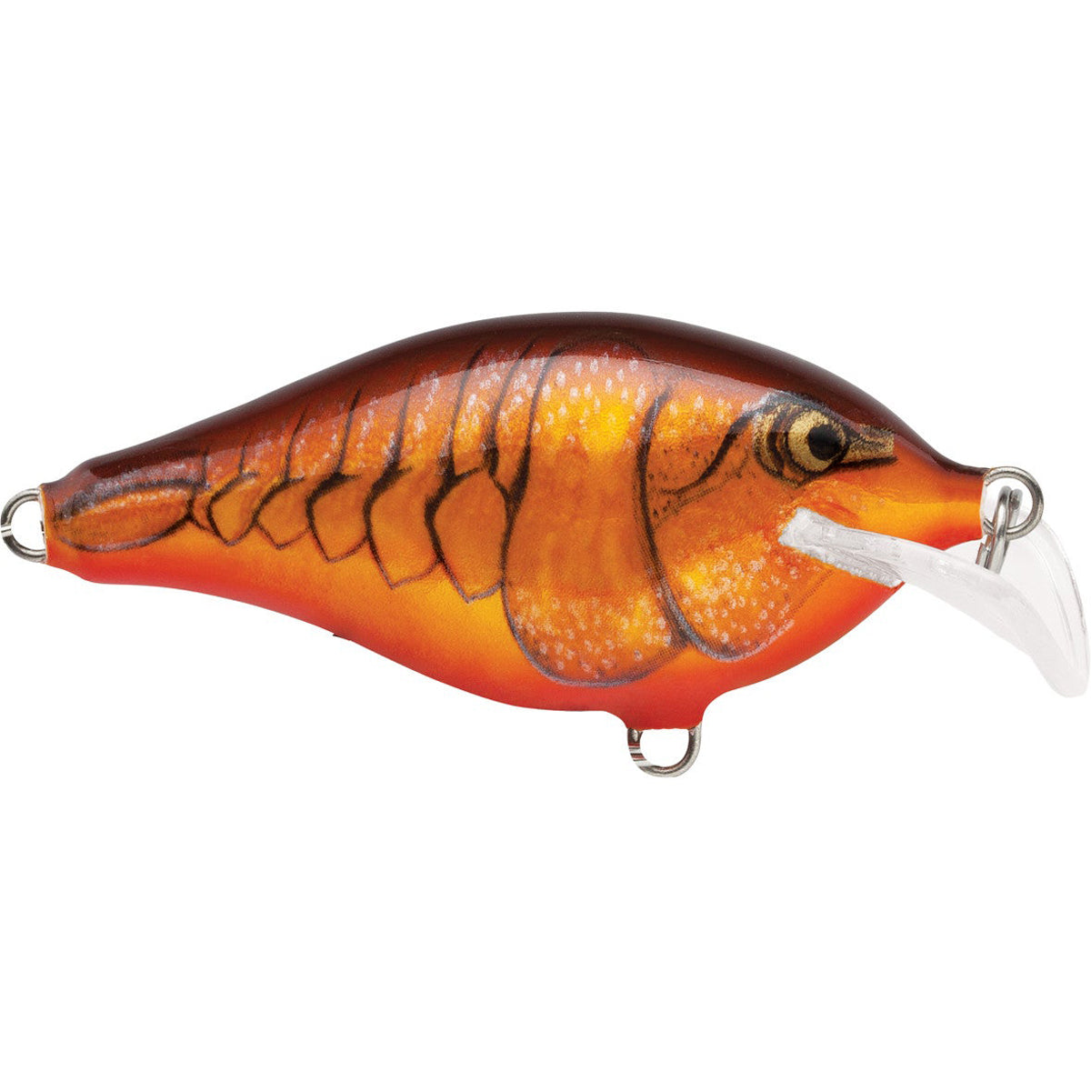 Orange and brown fishing lure with a white hook on a white background