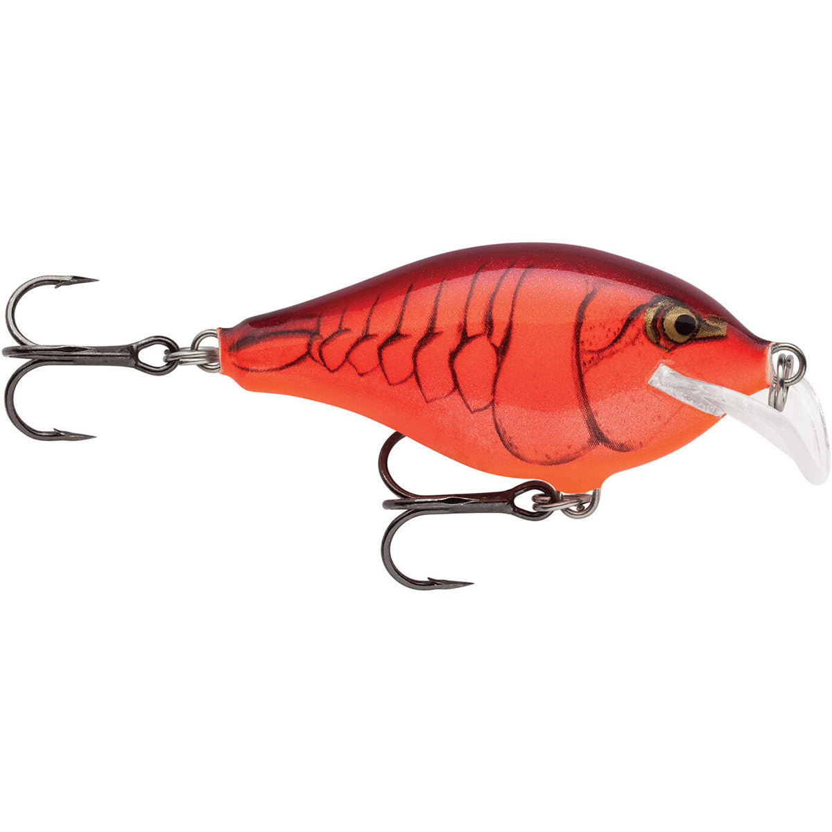 Red fishing lure with black and white accents on a white background