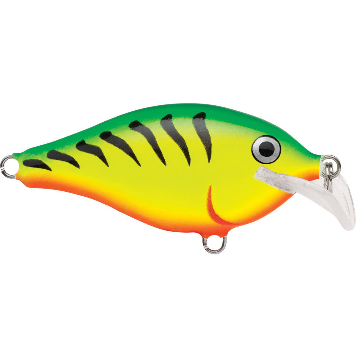 Colorful fishing lure with a tiger stripe pattern on a white background