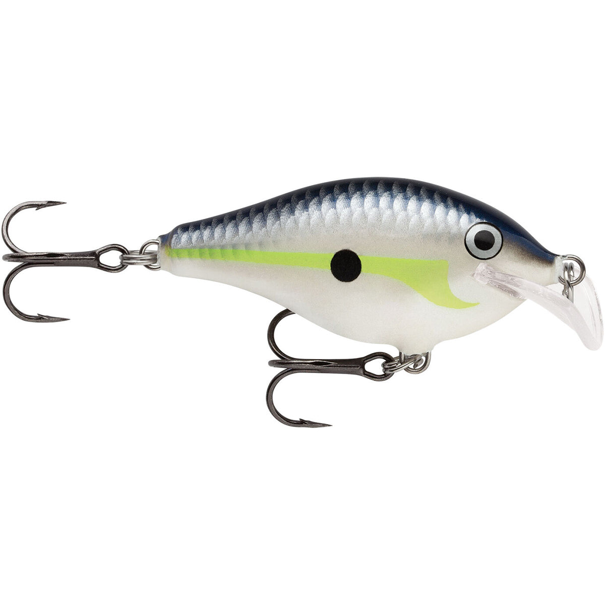 Fishing lure with a white body, green stripe, and black eye on a white background