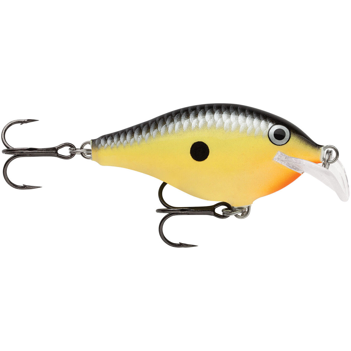 Fishing lure with a yellow body and black top on a white background
