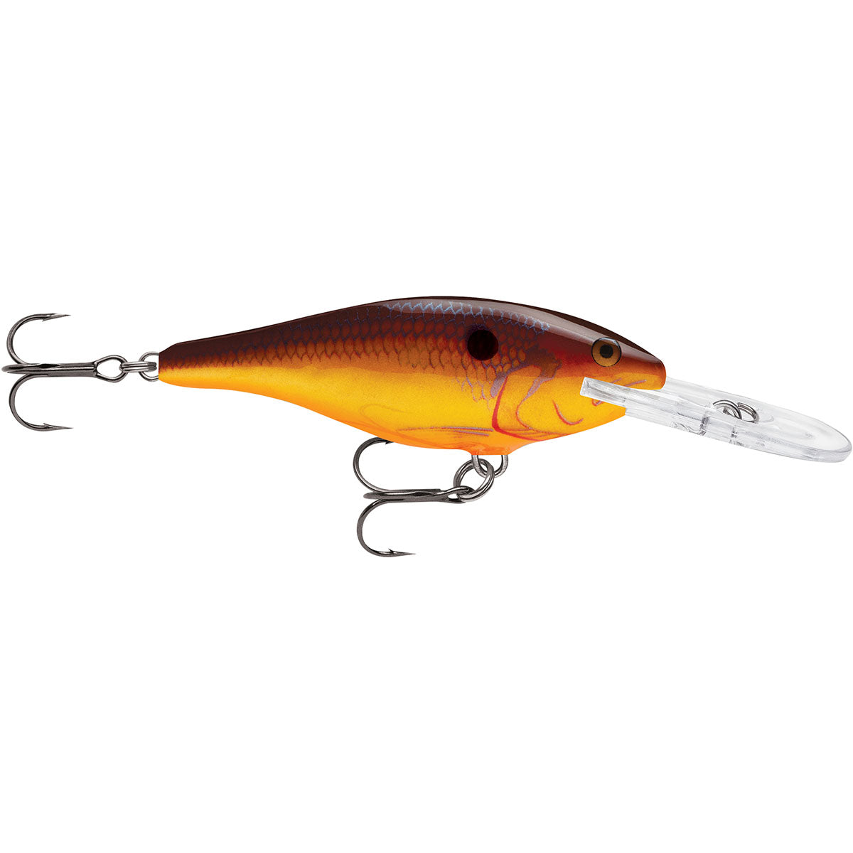Fishing lure with a shiny orange and brown body on a white background