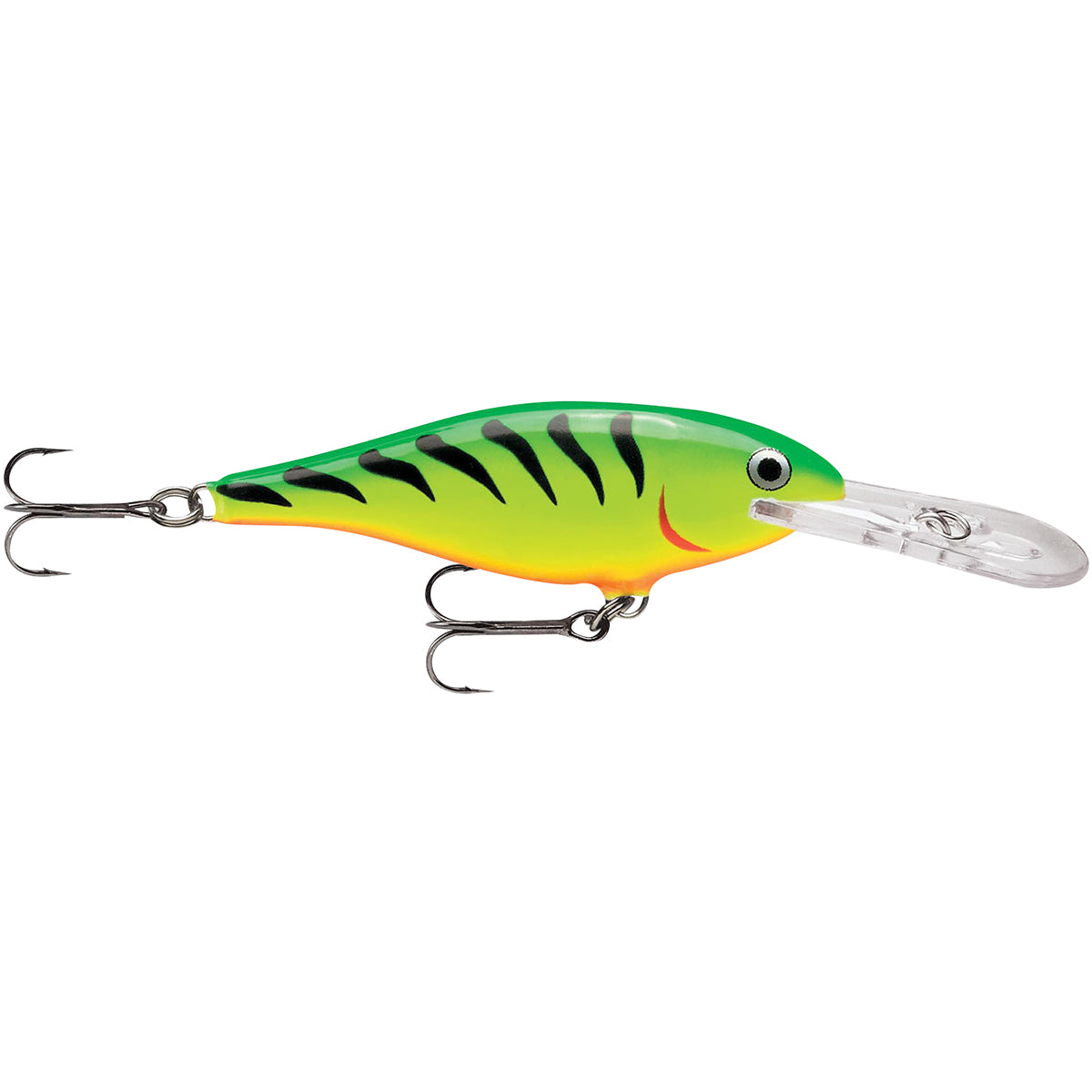Fishing lure with a green and yellow body and black stripes on a white background