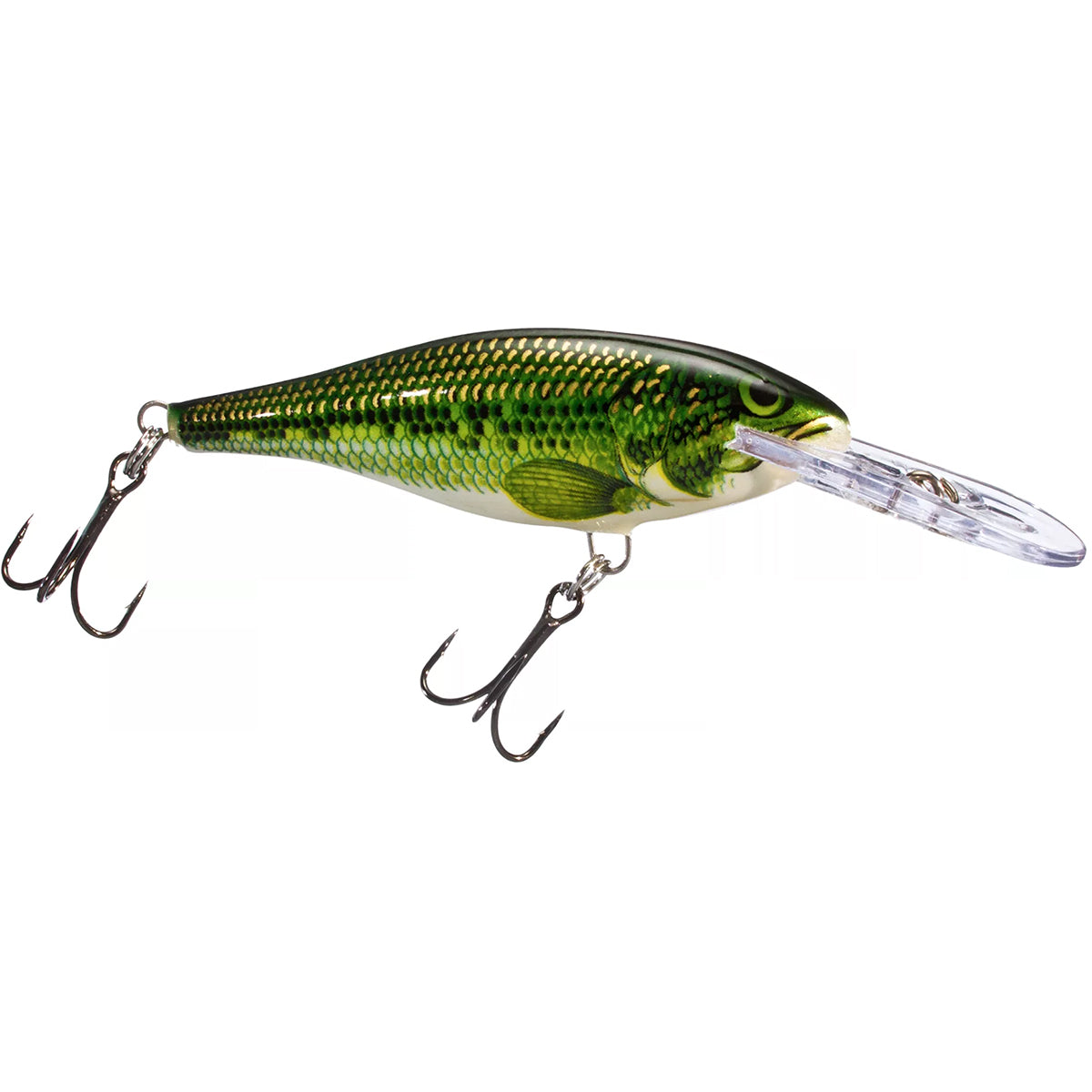 Fishing lure with a green and gold pattern on a white background