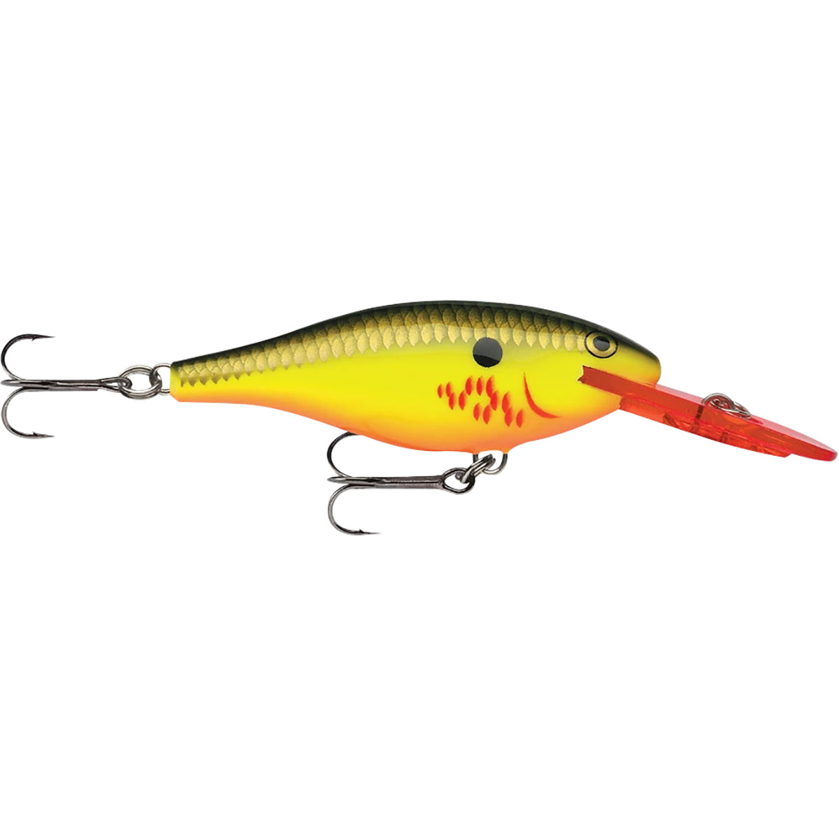 Yellow and orange fishing lure with a red tail on a white background