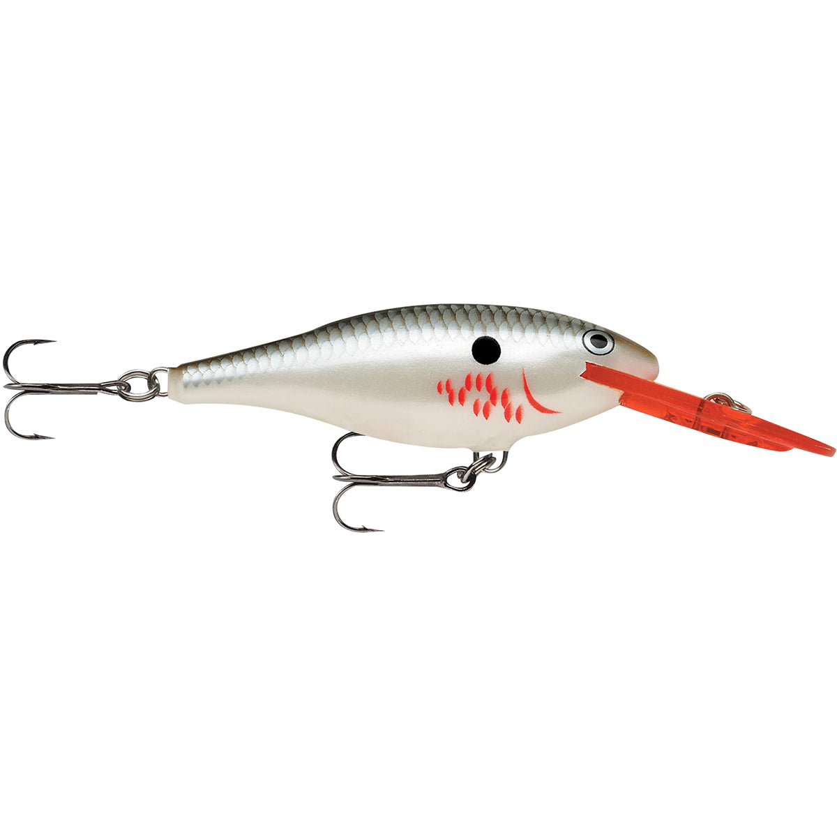 Fishing lure with a white body, red accents, and a black eye on a white background