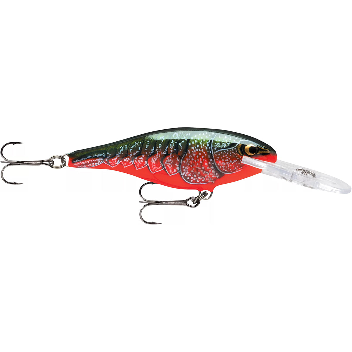 Fishing lure with red and black pattern on a white background