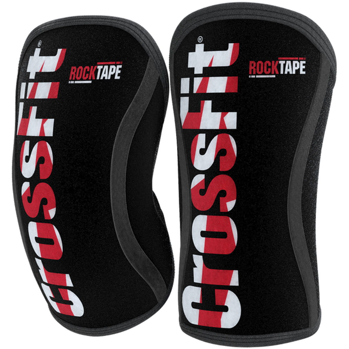 Pair of black knee sleeves with 'CrossFit' and 'RockTape' branding on a white background.