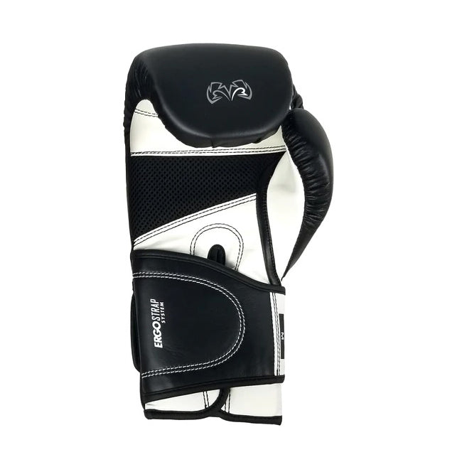 Black and white boxing glove with brand logo on a white background