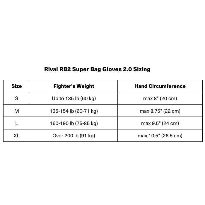 Sizing chart for Rival RB2 Super Bag Gloves 2.0 on a white background