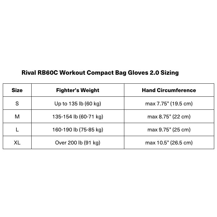 RIVAL Boxing RB60C Workout Compact Hook and Loop Bag Gloves 2.0 - Black - Forza Sports