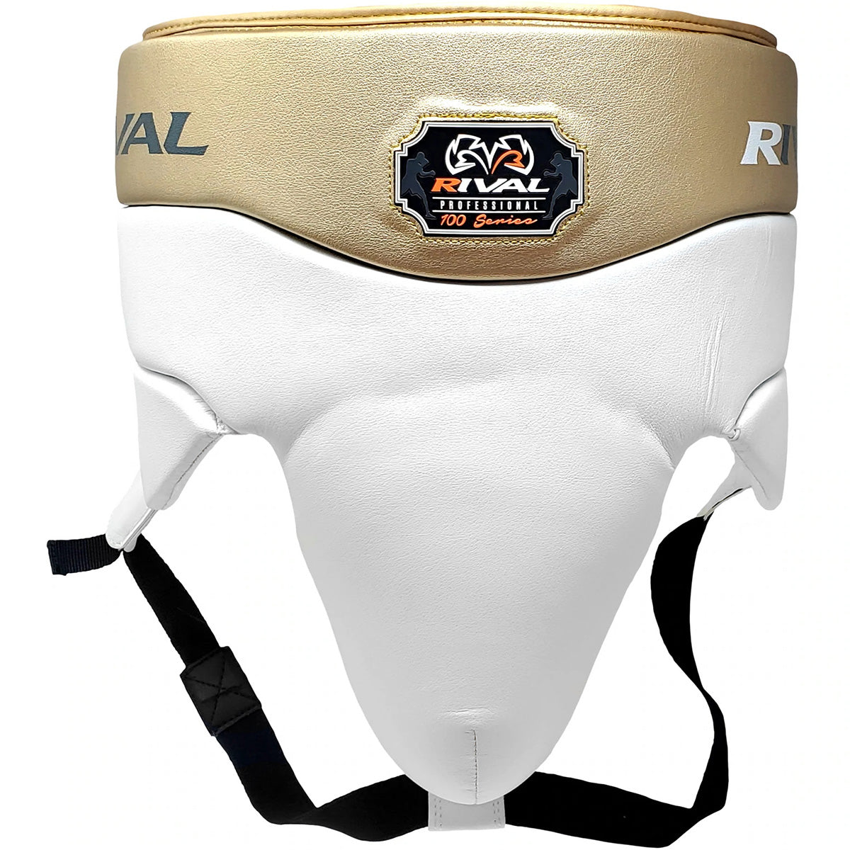 White boxing Groin Guard with beige headgear featuring Rival logo on a white background