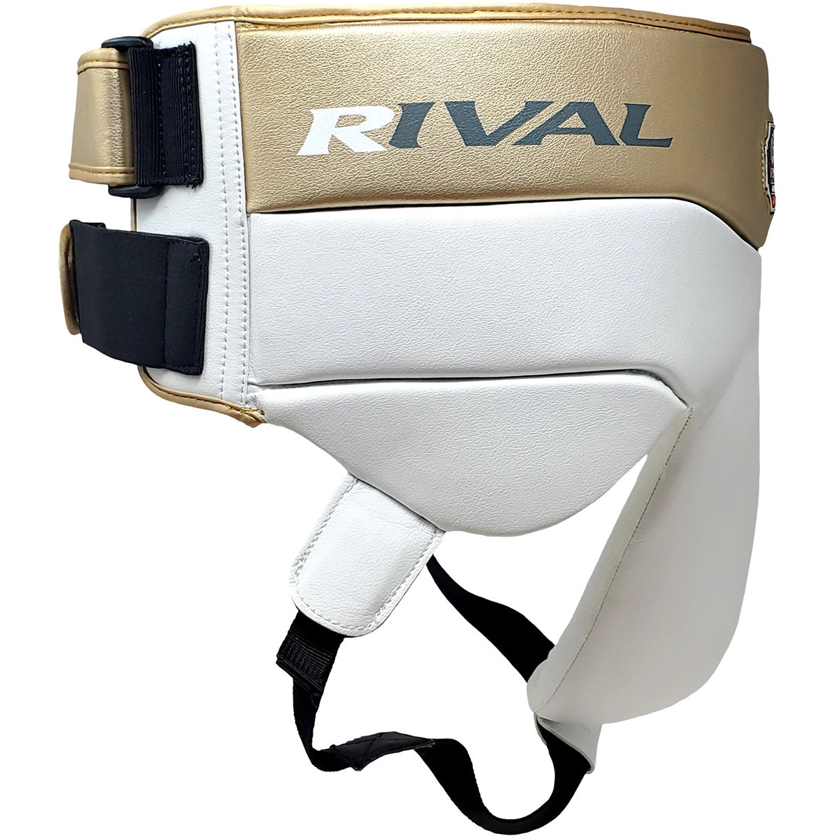 White and gold athletic protective gear with 'Rival' branding on a white background