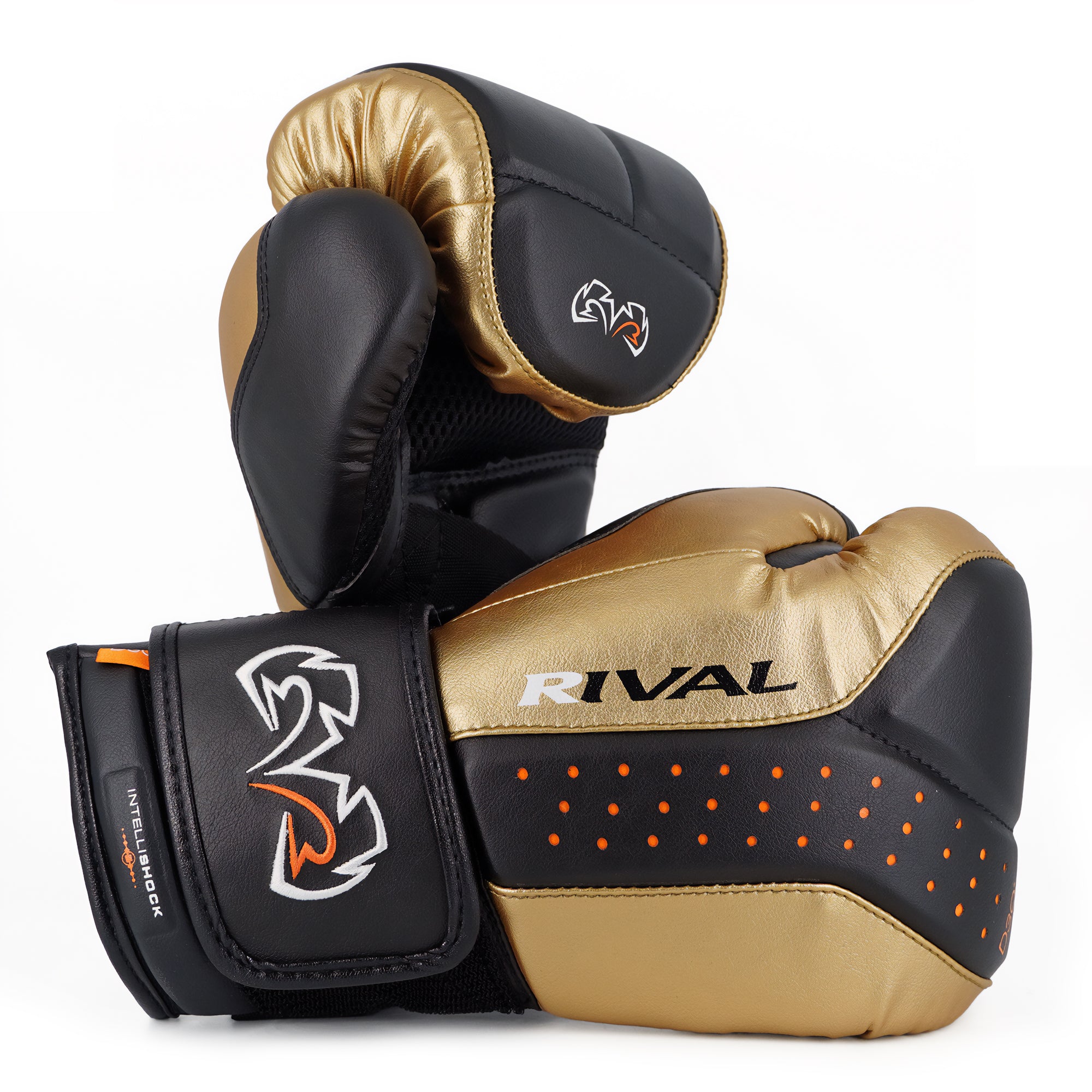 Pair of black and gold boxing gloves with 'Rival' branding on a white background