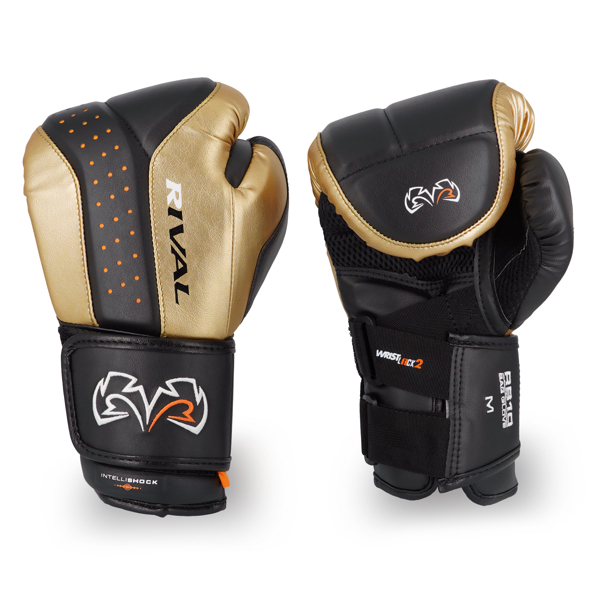 Pair of black and gold boxing gloves with 'Rival' branding on a white background