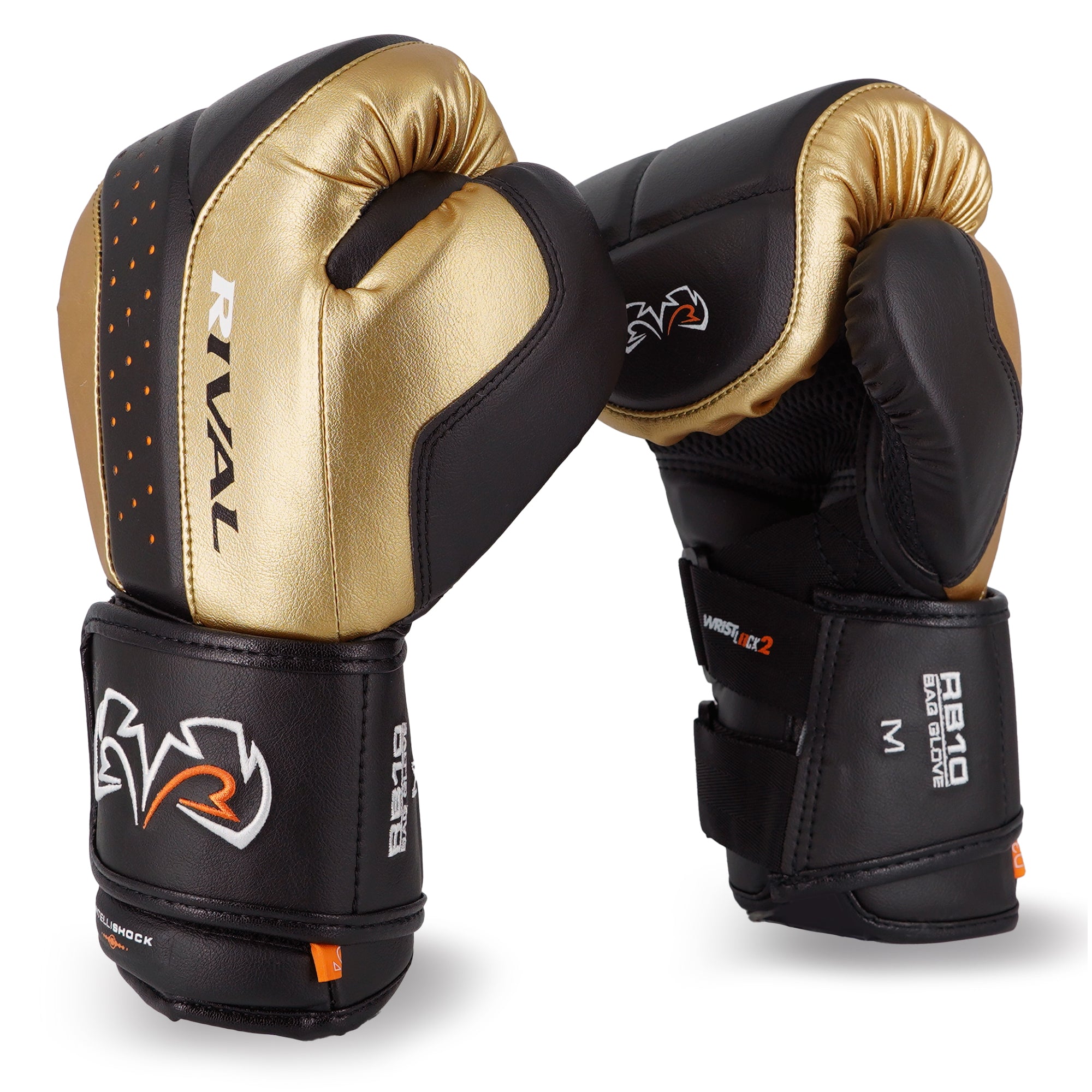 Pair of black and gold boxing gloves with 'Rival' branding on a white background