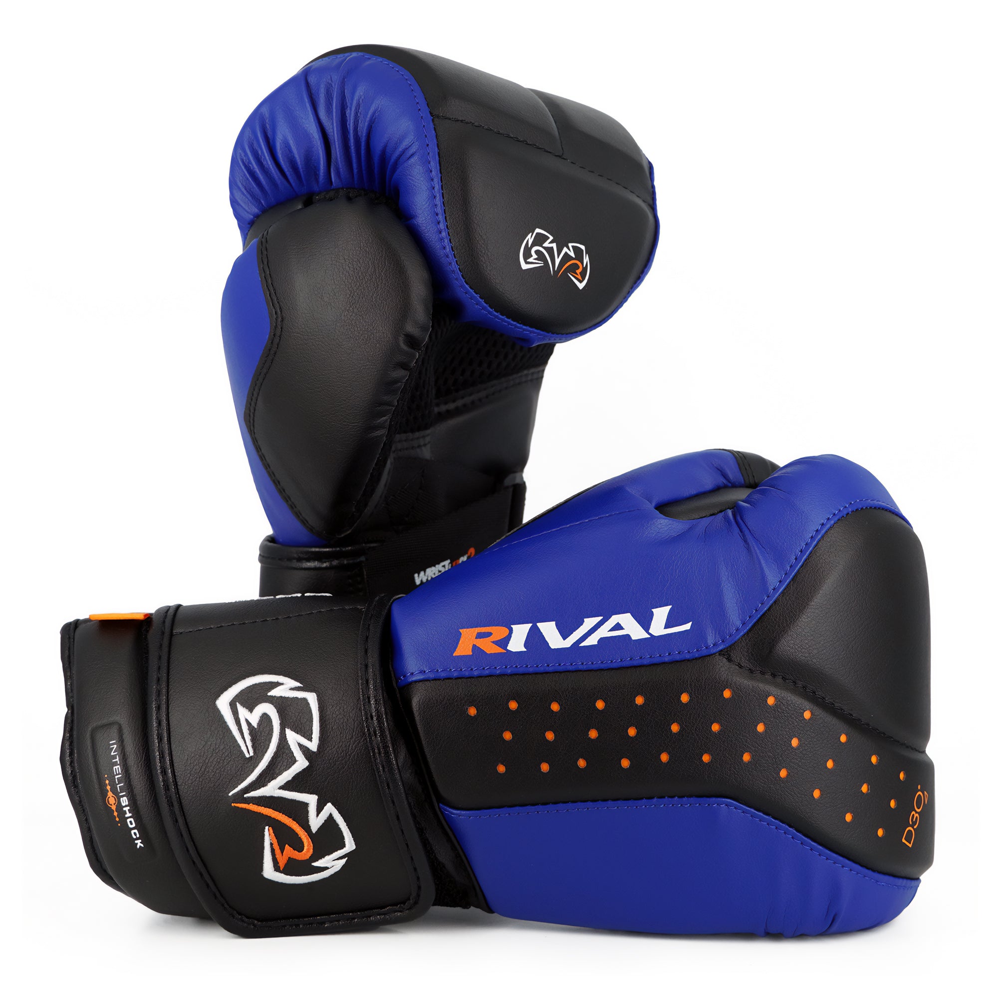 Blue and black boxing gloves with 'Rival' branding on a white background