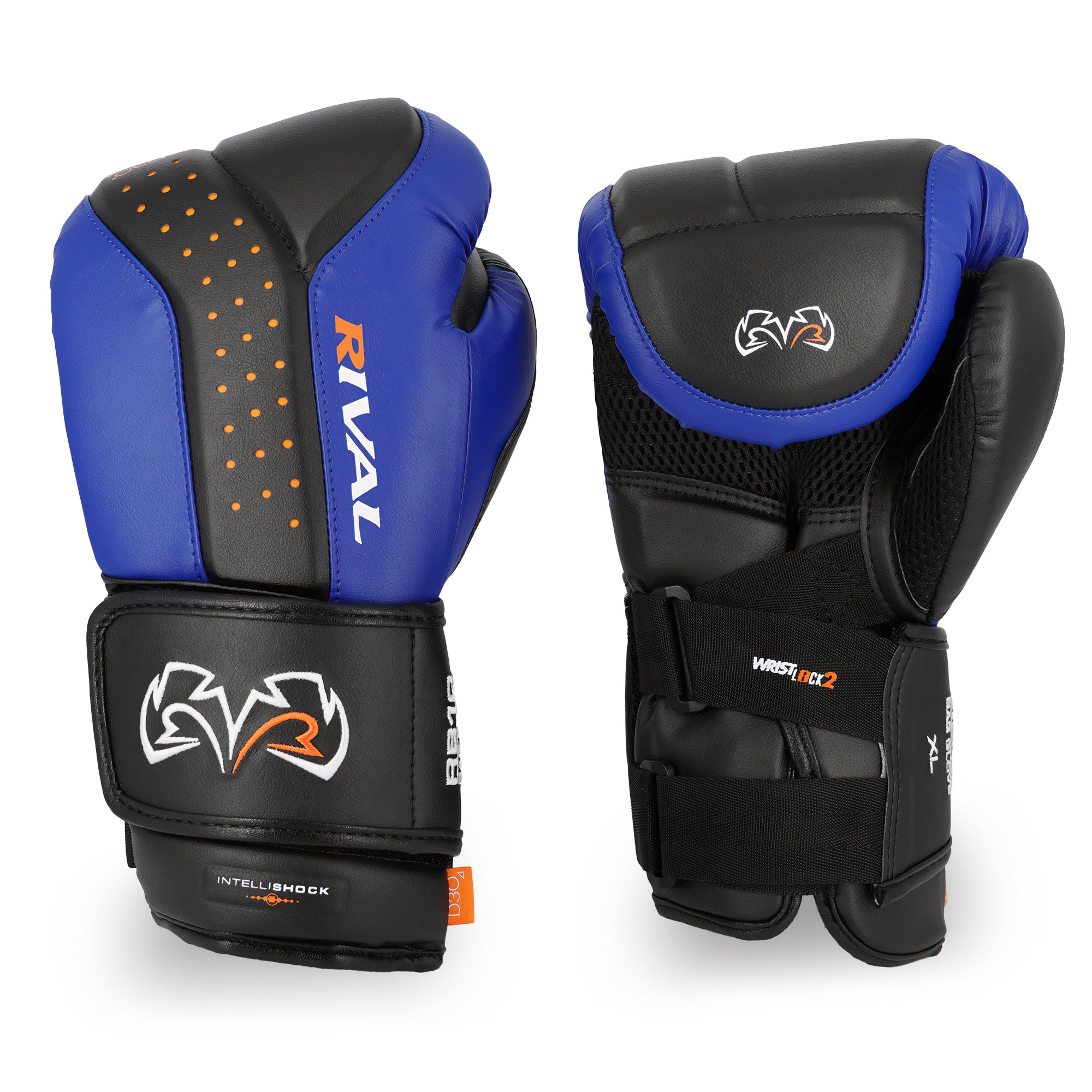 Pair of blue and black boxing gloves with 'Rival' branding on a white background