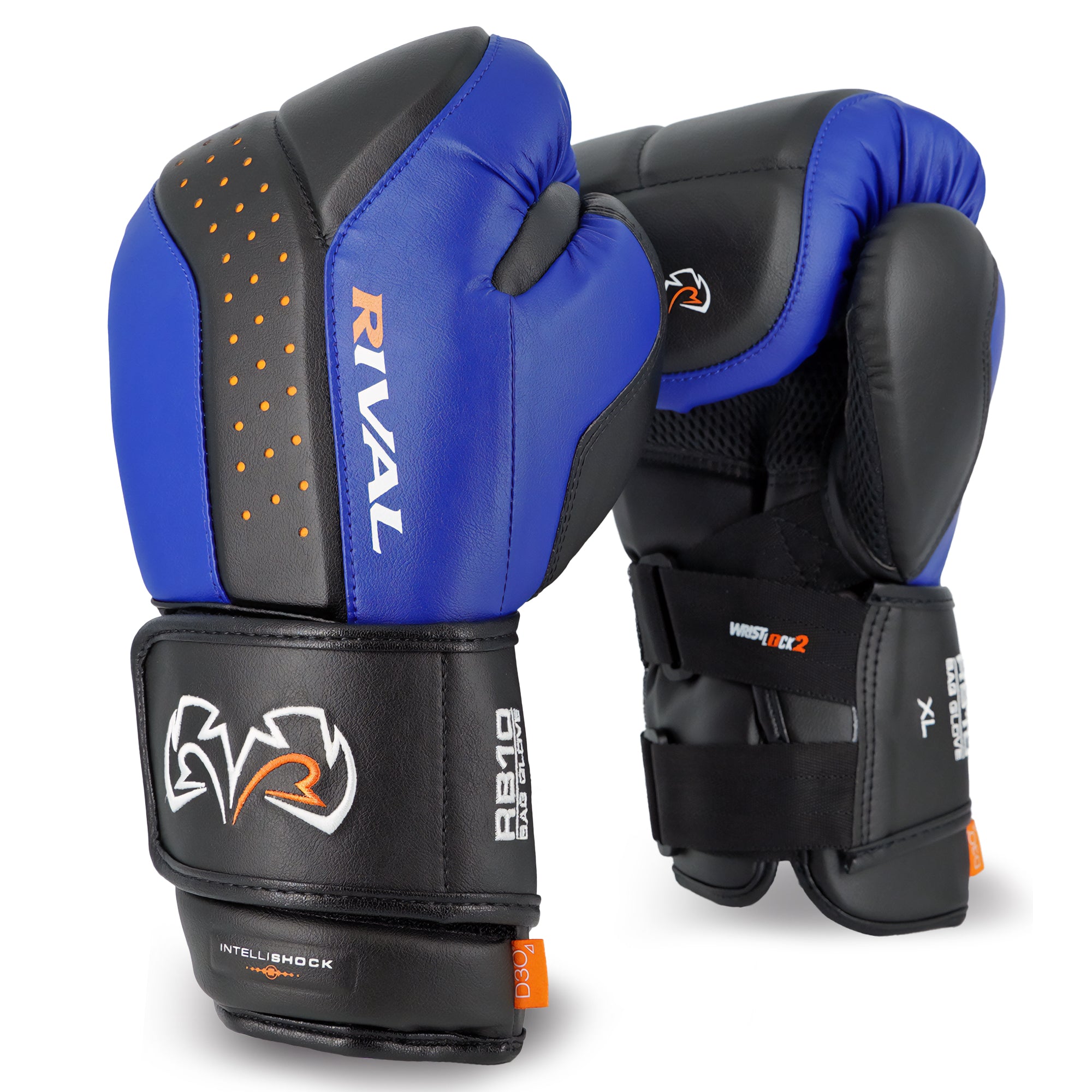 Blue and black boxing gloves with 'Rival' branding on a white background