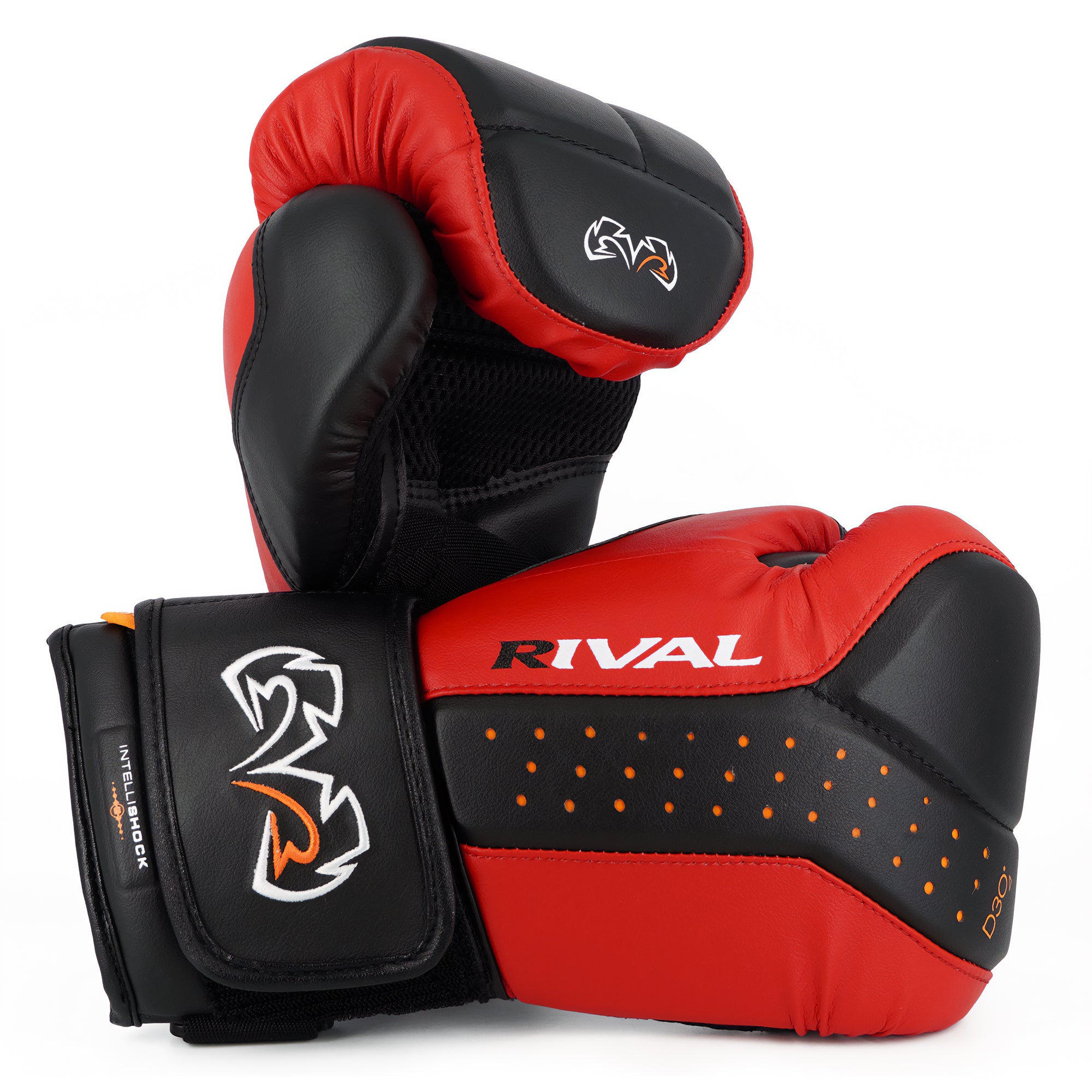 Black and red boxing gloves with 'Rival' branding on a white background