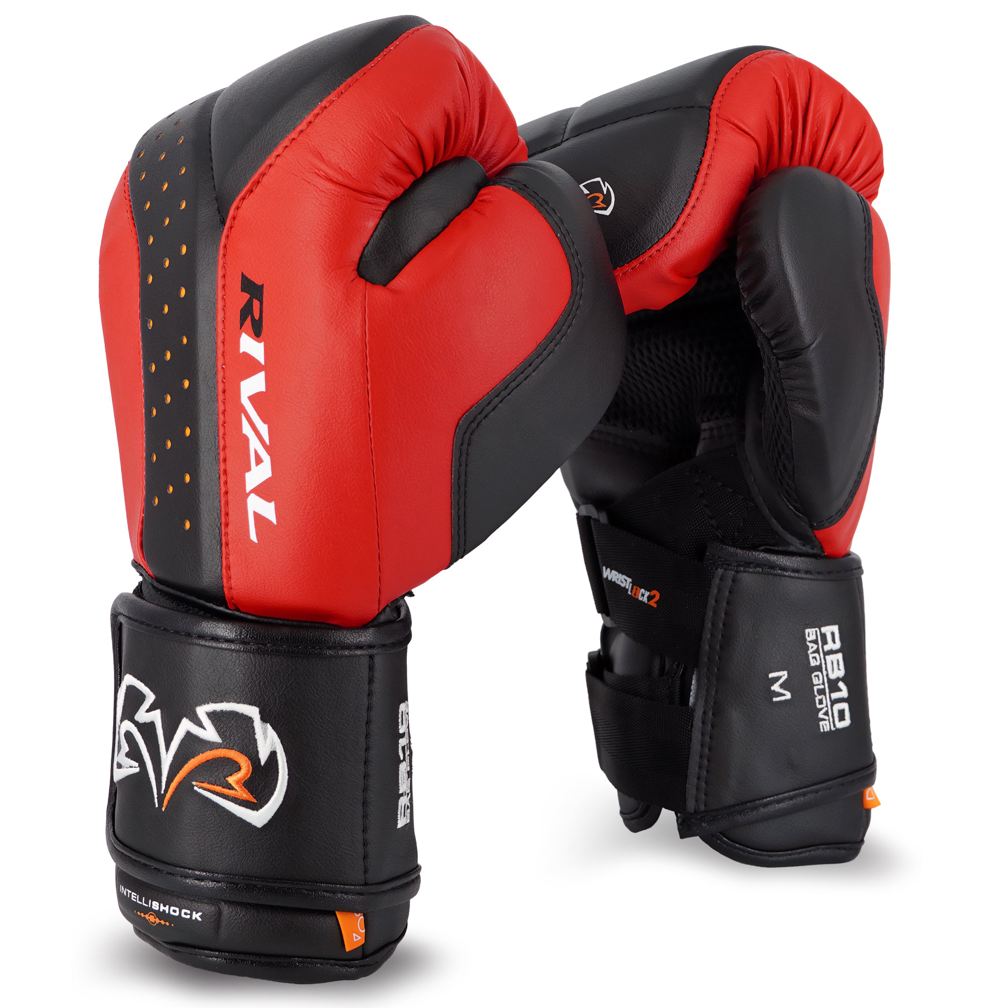 Red and black boxing gloves with 'Rival' branding on a white background