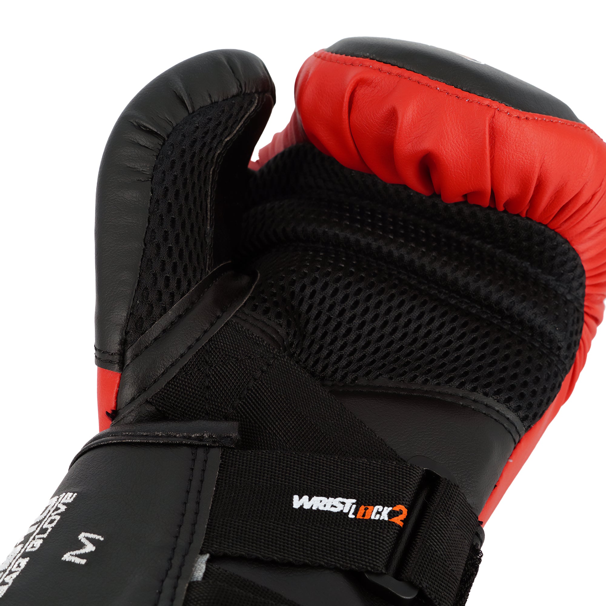 Black and red martial arts glove with 'WristLock' branding on a white background