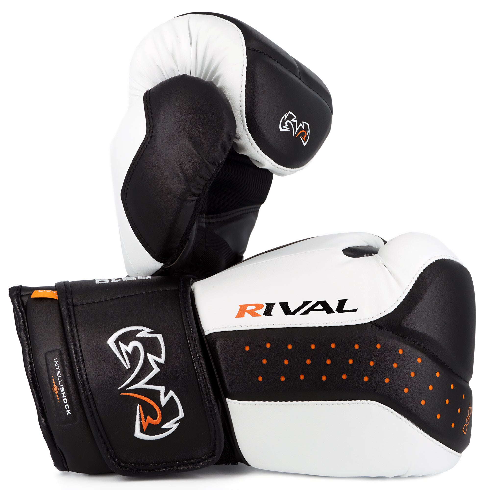 Black and white boxing gloves with 'Rival' branding on a white background