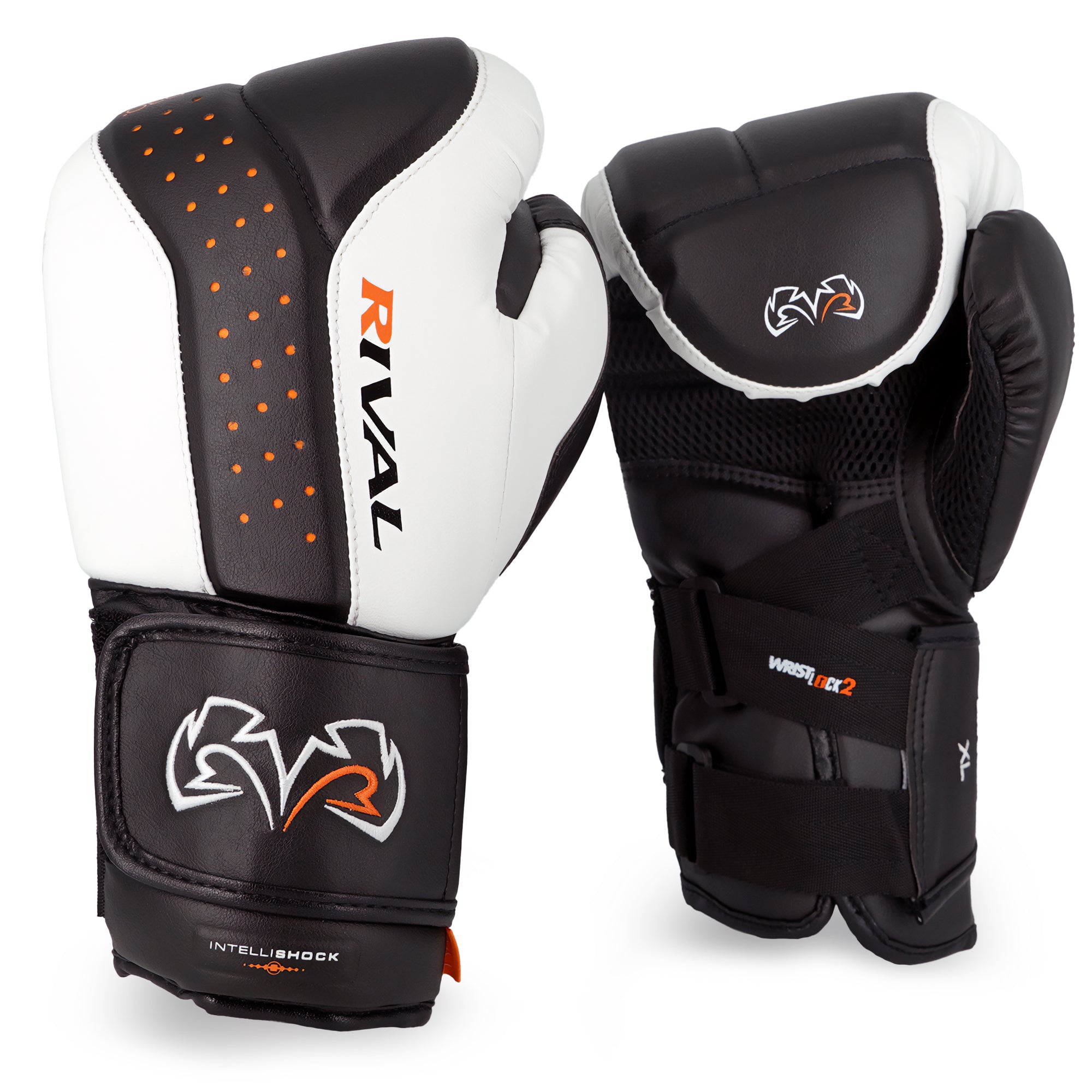 Pair of black and white boxing gloves with 'Rival' branding on a white background