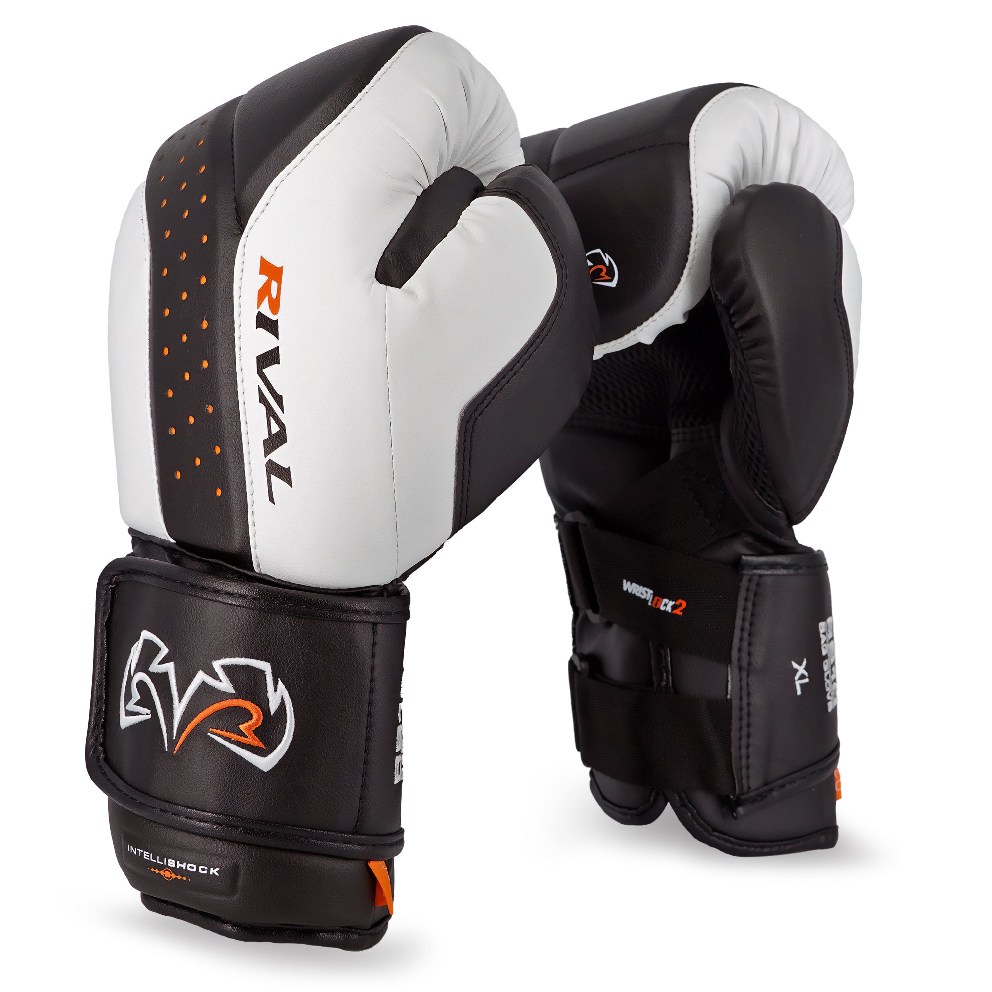 Pair of black and white boxing gloves with 'Rival' branding on a white background