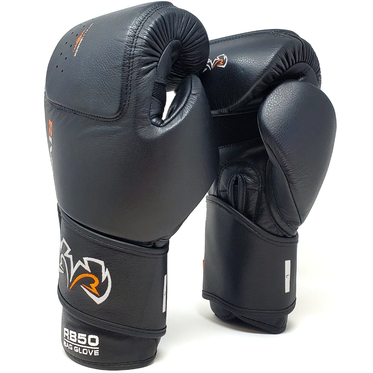 Black boxing gloves with a brand logo on a white background