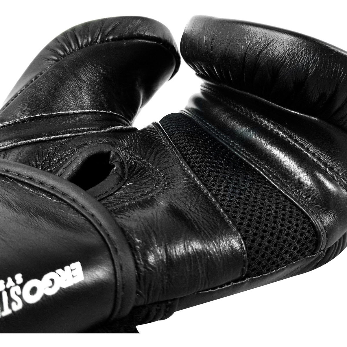 Black boxing gloves with brand logo on a white background