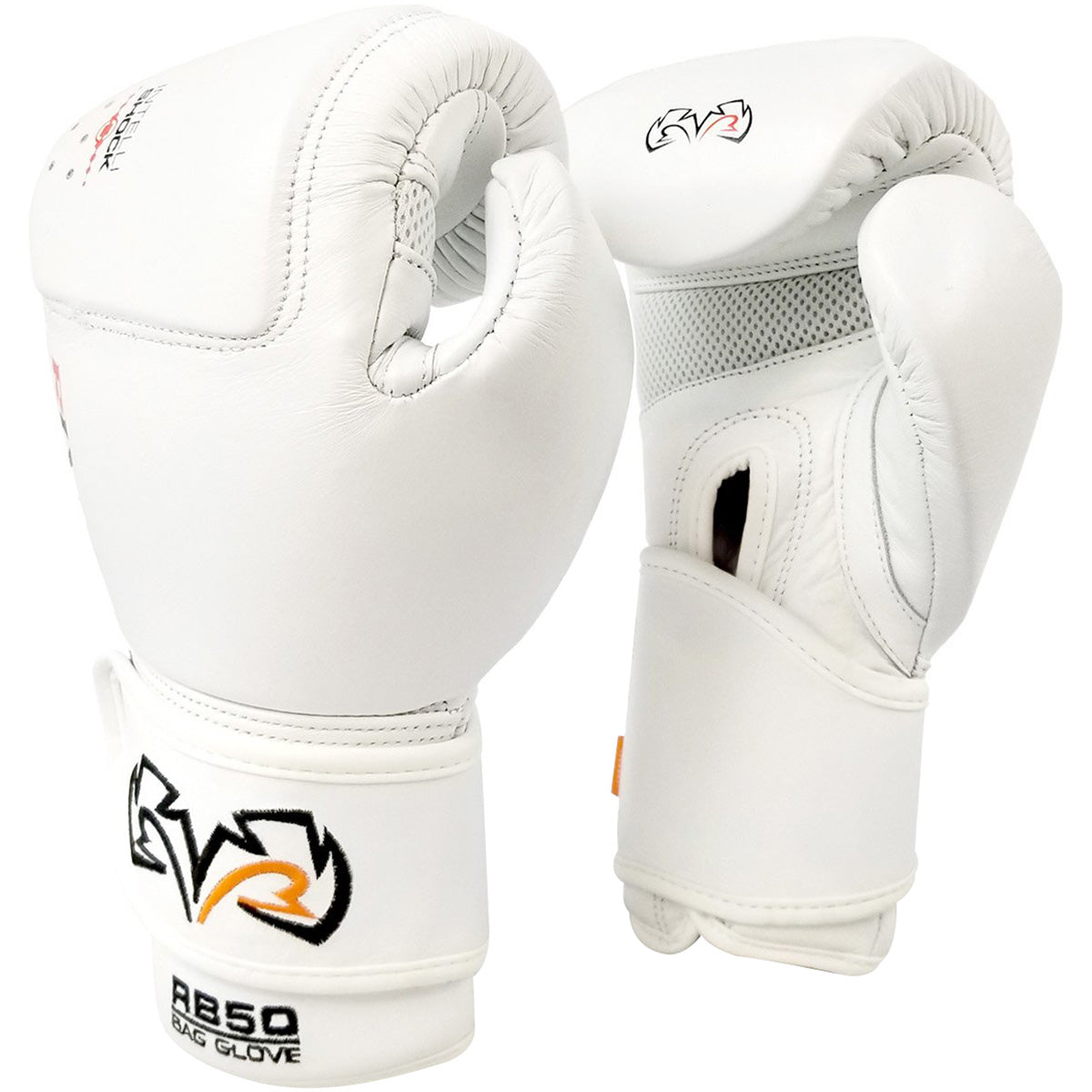 White boxing gloves with a brand logo on a white background
