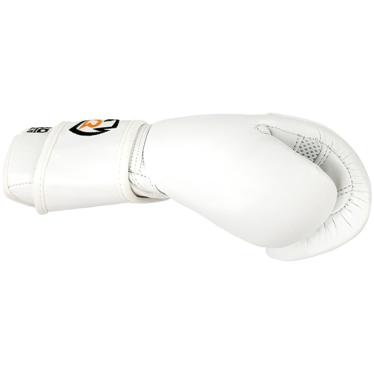 White boxing glove with a brand logo on a white background