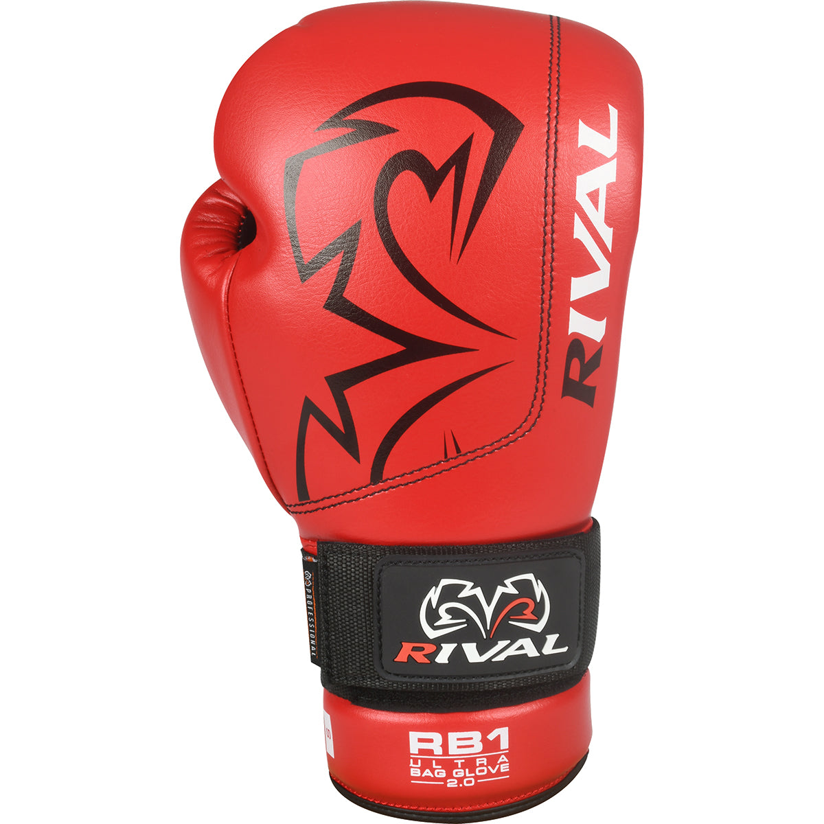 Red boxing glove with black logo and text on a white background
