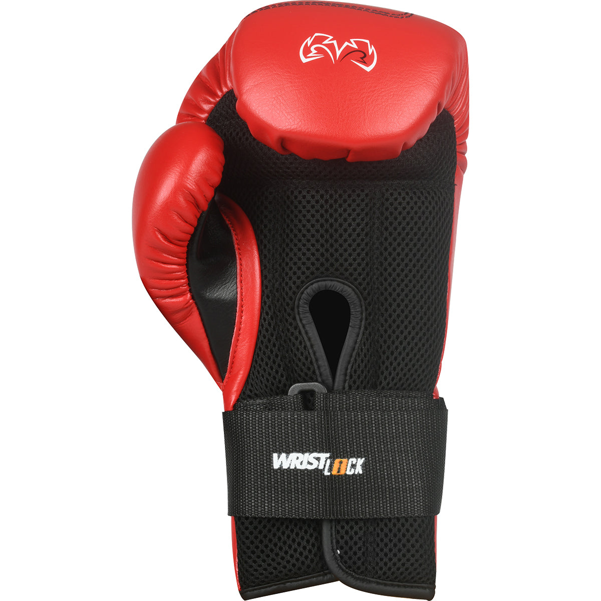 Red boxing glove with black wrist strap on a white background