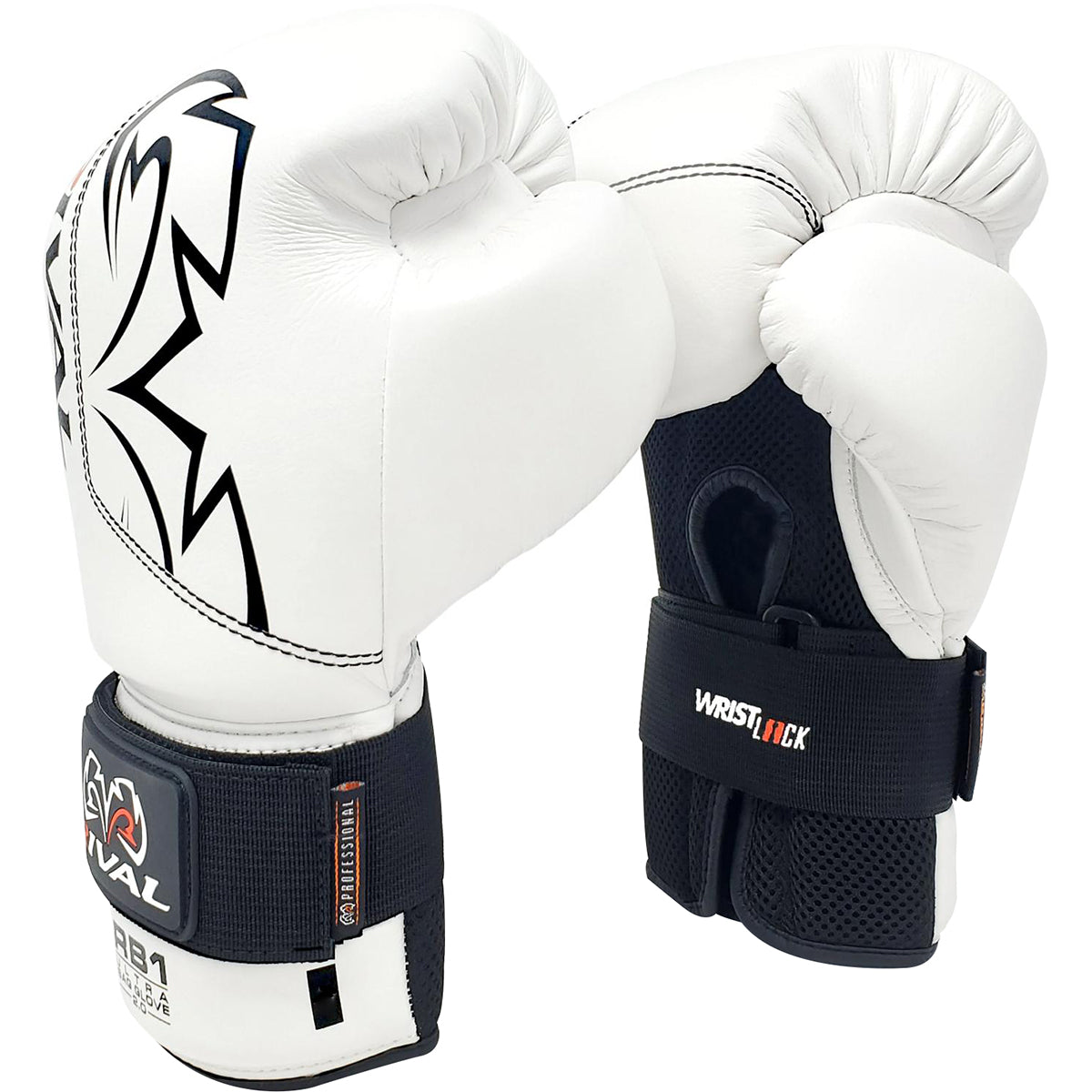 White boxing gloves with black accents and wrist wraps on a white background