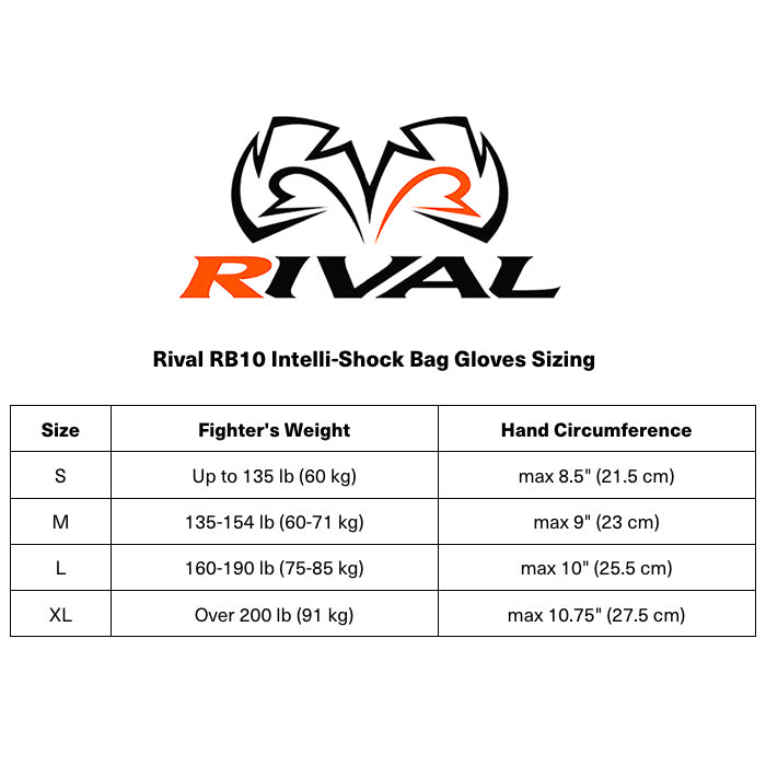 Rival RB10 Intelli-Shock Bag Gloves sizing chart with logo on a white background