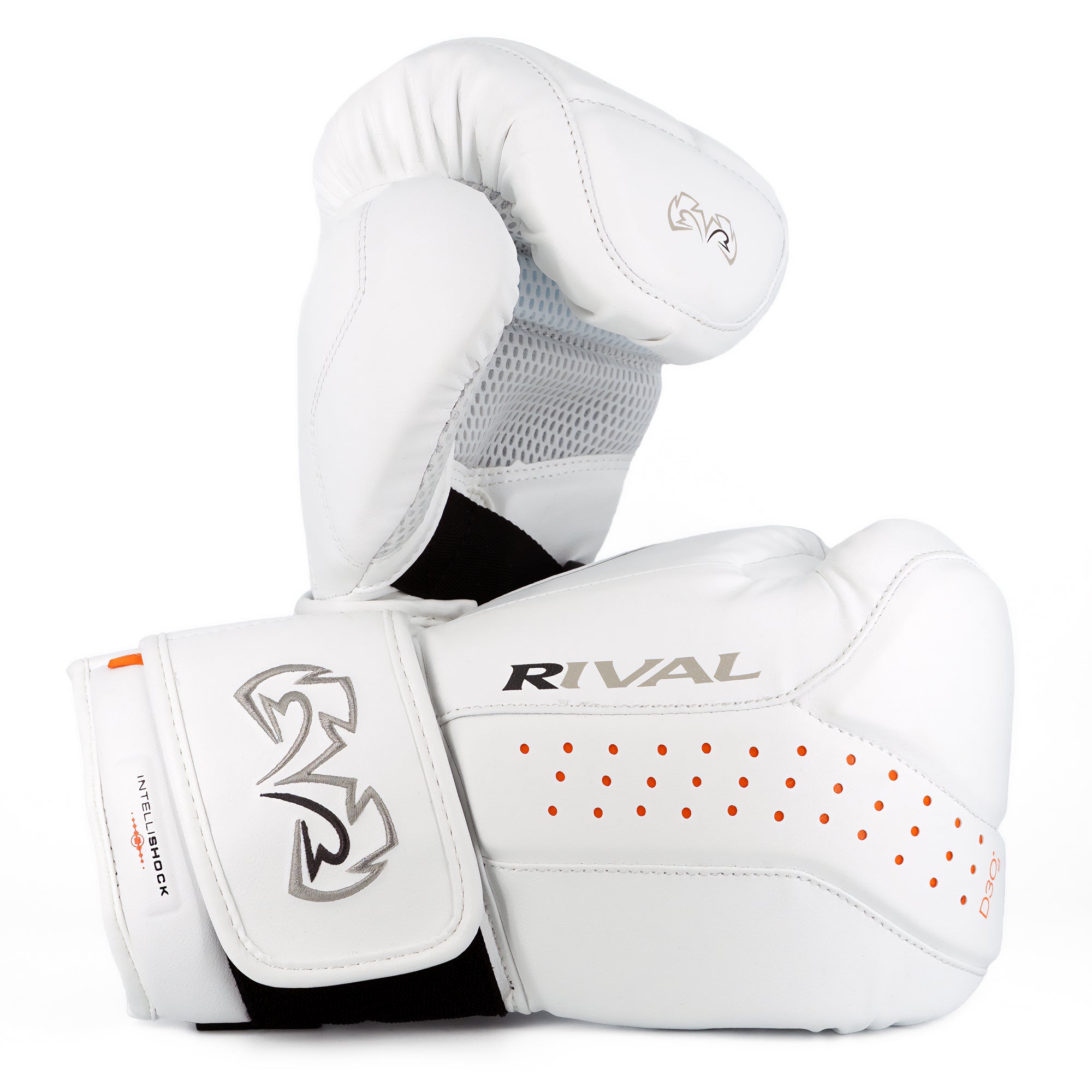 White boxing gloves with 'Rival' branding on a white background