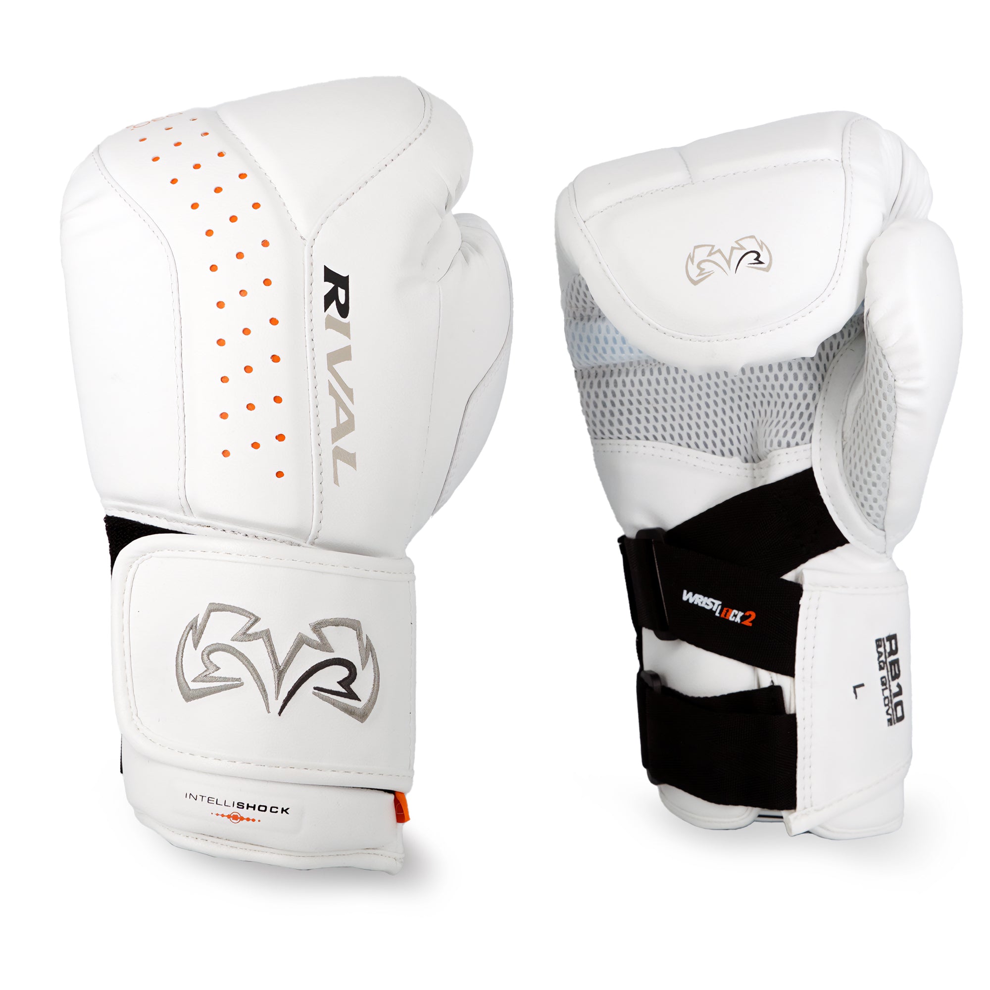 White boxing gloves with black and orange details on a white background