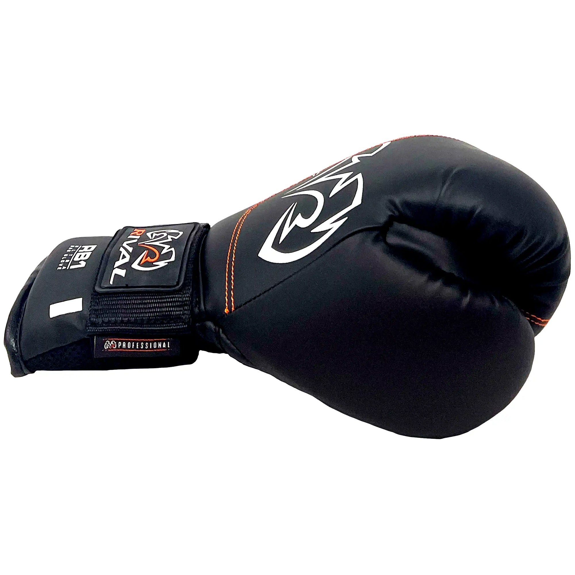 Black boxing glove with a brand logo on a white background