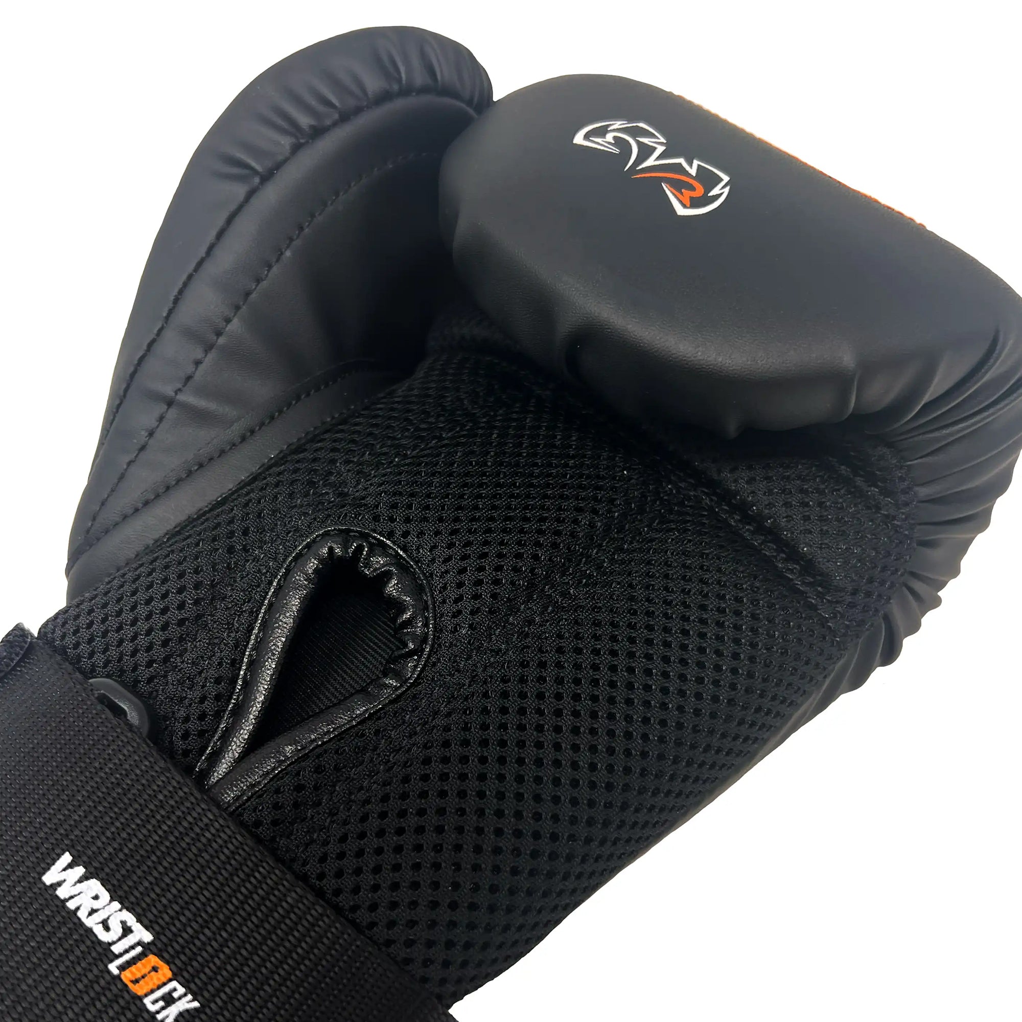 Black boxing glove with brand logo on a white background