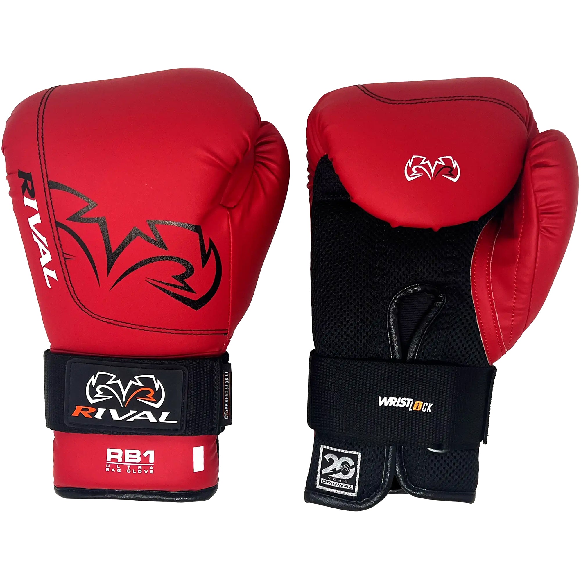 Red boxing gloves with black wrist straps on a white background