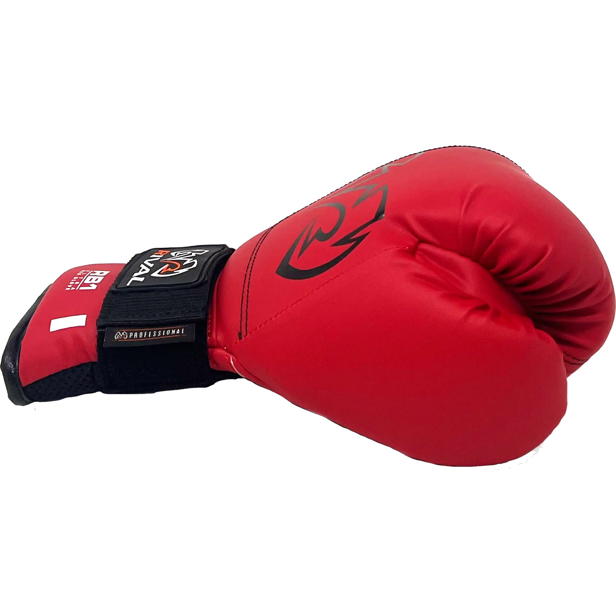 Red boxing glove with black logo on a white background