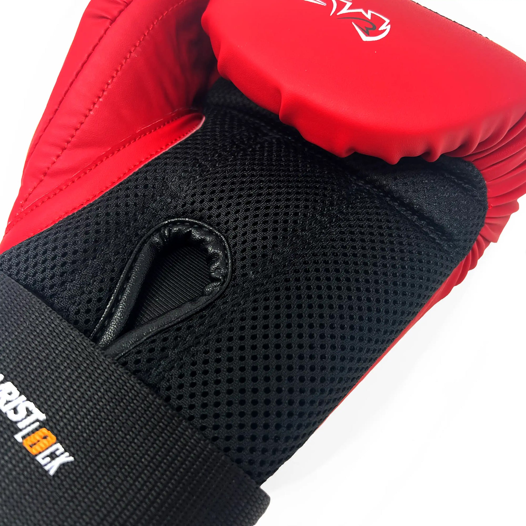 Red and black boxing glove with a visible brand logo on a white background