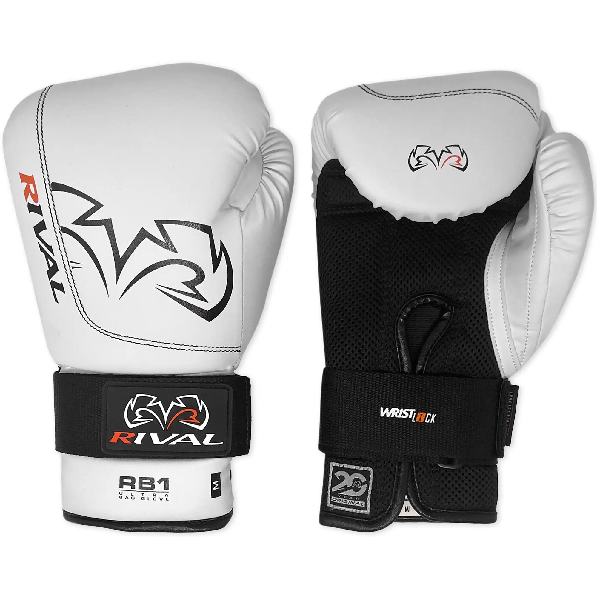 Pair of white boxing gloves with black wrist straps and Rival branding on a white background