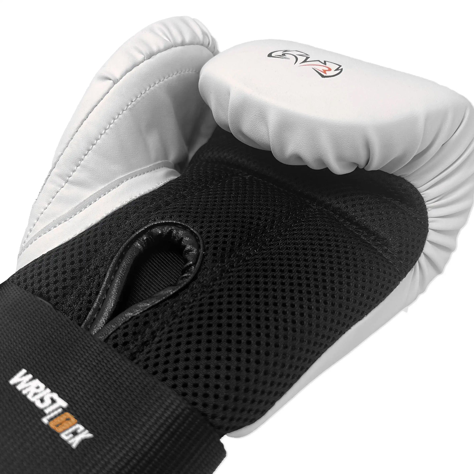 Black and white boxing gloves with 'Wrist Lab' branding on a white background